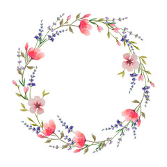 Watercolor floral wreath on a white background.