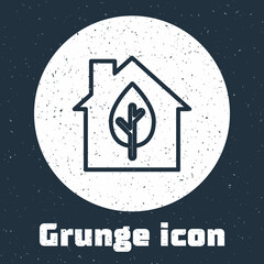 Grunge line Eco friendly house icon isolated on grey background. Eco house with leaf. Monochrome vintage drawing. Vector