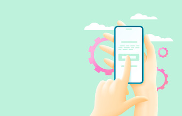 smartphone in hand, touch screen, web banner. Vector