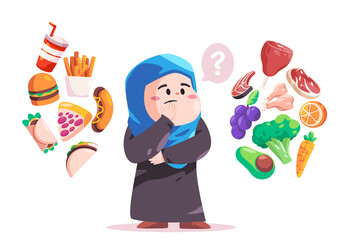 Woman consider to choose between healthy food menu like fruits and vegetables to unhealthy food junk