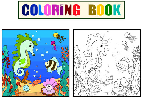Set coloring book and color picture, learning colors. Children, seabed and its inhabitants.