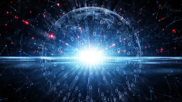 Digital binary code sphere cyber space background.