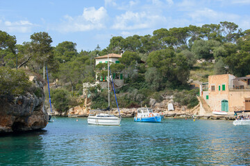 Fototapeta na wymiar Cala Figuera, Mallorca, Spain - 05.02.2022: Sail boats in port of Cala Figuera