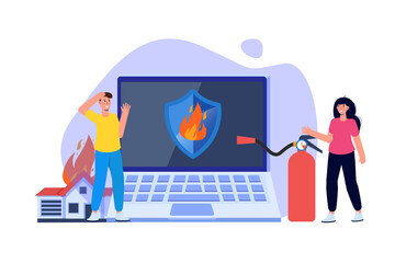 Fire protection, fire alarm online concept. Vector illustration.