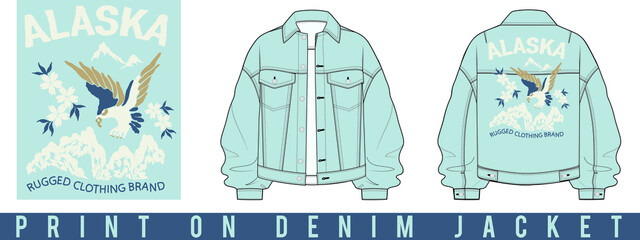 denim jacket with embroidery design, bird with typography design, embroidery design