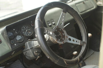 an old steering wheel of a military vehicle