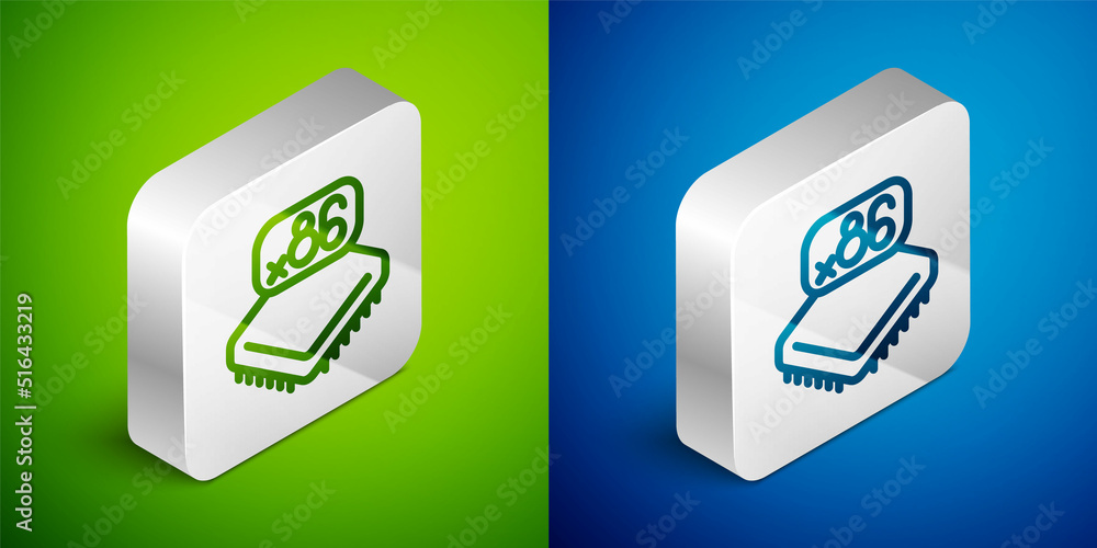 Poster isometric line computer processor with microcircuits cpu icon isolated on green and blue background.