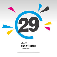 29 Years Anniversary, number in broken circle with colorful bang of confetti, logo, icon, white background