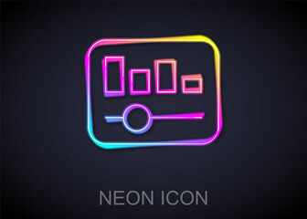 Glowing neon line Music equalizer icon isolated on black background. Sound wave. Audio digital equalizer technology, console panel, pulse musical. Vector