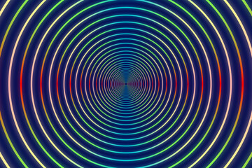 Neon light abstract background, round portal, rings, circles, virtual reality, ultraviolet spectrum, laser show
