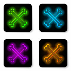 Glowing neon line Crossed human bones icon isolated on white background. Black square button. Vector