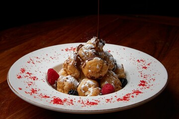 Closeup of the chocolate cream being added on profiteroles with raspberries.