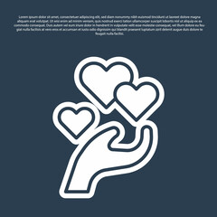 Blue line Heart in hand icon isolated on blue background. Hand giving love symbol. Valentines day symbol. Vector