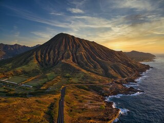 Aerial view of a sunrise over the Koko Crater in Oahu, Hawaii