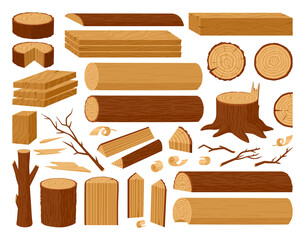 Cartoon wooden logs, tree trunks, planks, wood industry materials. Wood lumber branch, stacked woodwork planks and firewood vector illustration set. Wooden products collection