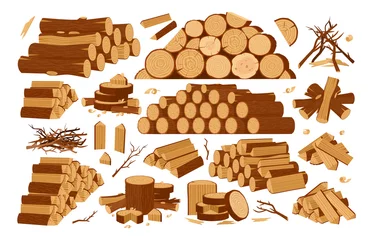Foto op Plexiglas Cartoon wooden logs, firewood piles and stacked bonfire firewoods. Wood industry materials, lumber branch and twigs vector symbols illustration set. Wooden bonfire logs © GreenSkyStudio
