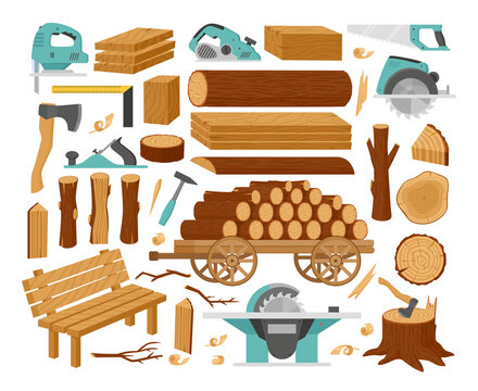 Cartoon wood industry products, timber materials, woodwork planks. Stacked wooden trunks, sticks branches and woodworking tools vector illustration set. Wooden production bundle