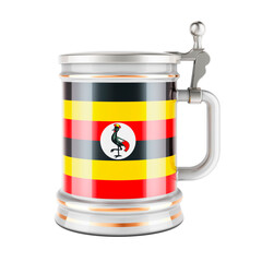 Beer mug with Ugandan flag, 3D rendering