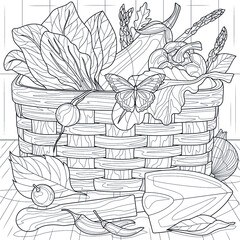 Harvest basket.Vegetables in a basket.Coloring book antistress for children and adults. 
