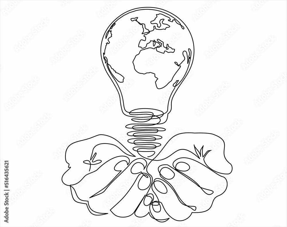 Poster earth globe inside lightbulb in hand. one continuous line drawing. vector concept of eco innovation,