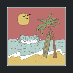 A badge with the sea, palm trees and surfboards in a square. Flat vector illustration. The concept of surfing.