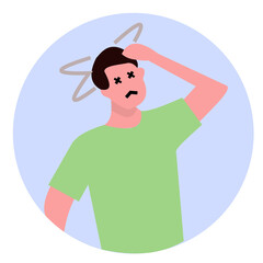 Vector illustration of a dizzy man with eye visualization symbolized by x shape visualization