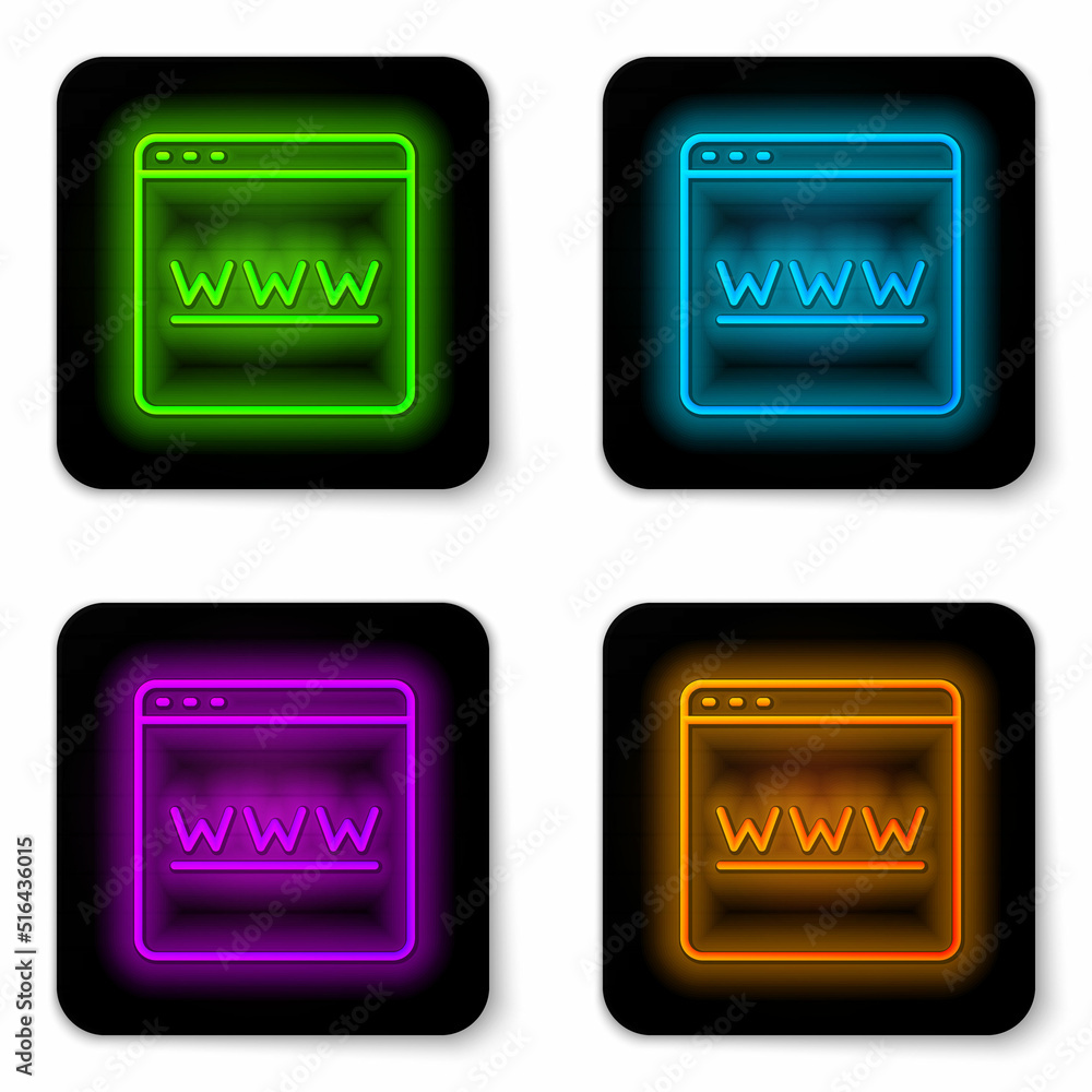 Poster glowing neon line browser window icon isolated on white background. black square button. vector