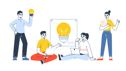 People searching creative idea, brainstorming concept. Creative thinking and good idea searching team vector background illustration. Brilliant idea generating