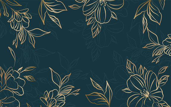 Vector artdeco luxury flower line pattern, golden background. Hand drawn peonies for packaging, social media post, cover, banner, creative post and wall arts.