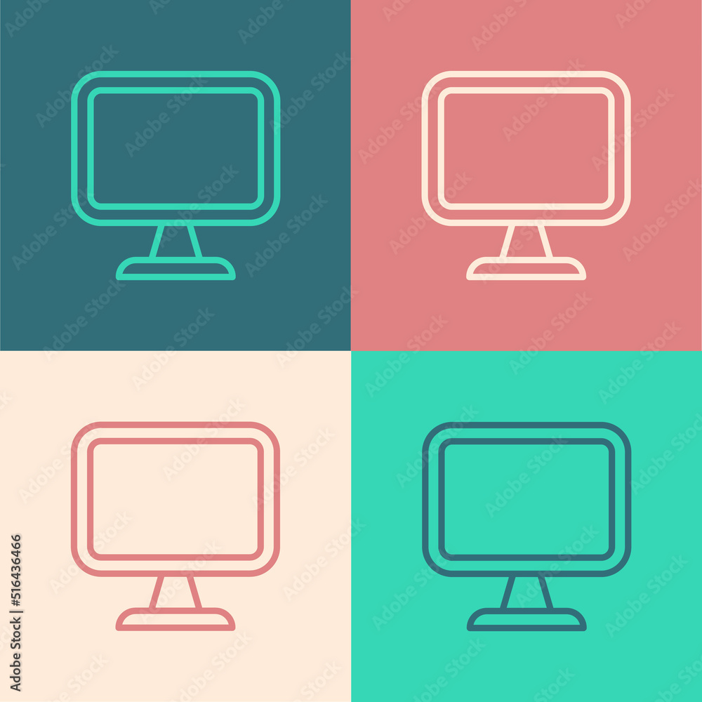 Poster pop art line computer monitor screen icon isolated on color background. electronic device. front vie