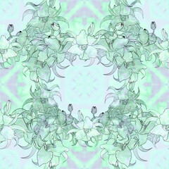 Fototapeta premium Seamless pattern. Lily flowers, buds and leaves. Floral digital art. Summer garden flowers. Use printed materials, signs, items, websites, maps.