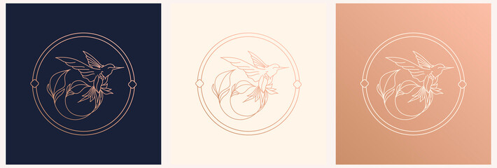 Set of logo design templates in trendy linear style in gold tones. Dawn with flowers - luxury and jewelry concepts for exclusive services and products, beauty and spa industry © Iren Art