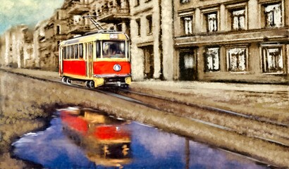Old tram in the old city. Oil paintings landscape, fine art
