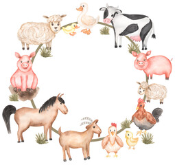 Watercolor farm animals wreath illustration. Hand drawn objects: cute pink pig, white sheep, horse, funny cow and hen print. Country life frame clip art.