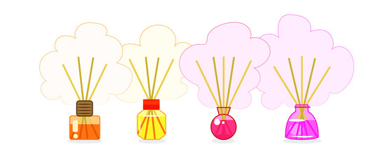 Set of different reed diffusers on white background