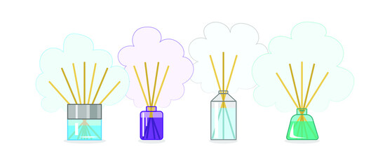Set of different reed diffusers on white background