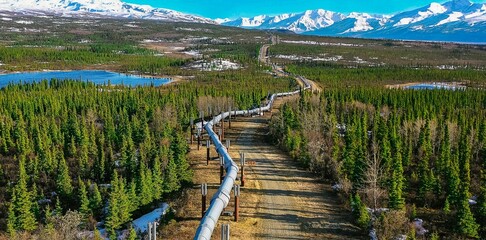 Aerial view of the Trans-Alaska Pipeline transportation system in Big Delta, Alaska