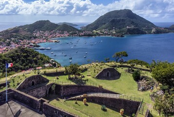 Aerial view of the green Guadaloupe island on a sunny morning