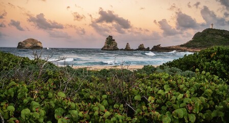 Beautiful landscape of green islands on the sunset