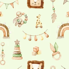 Keuken foto achterwand Boho dieren Watercolor eco toys seamless pattern. Hand drawn illustration with boho rainbow, lion, giraffe for fabric, wrapping paper on green background