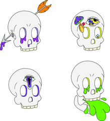A set of four psychedelic skulls. Vector illustration isolated on a white background