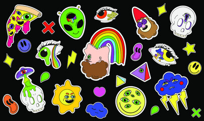 A set of psychedelic stickers, a rainbow, an illustration of a man vomiting a rainbow, an alien, a pizza with eyes. Surrealism.