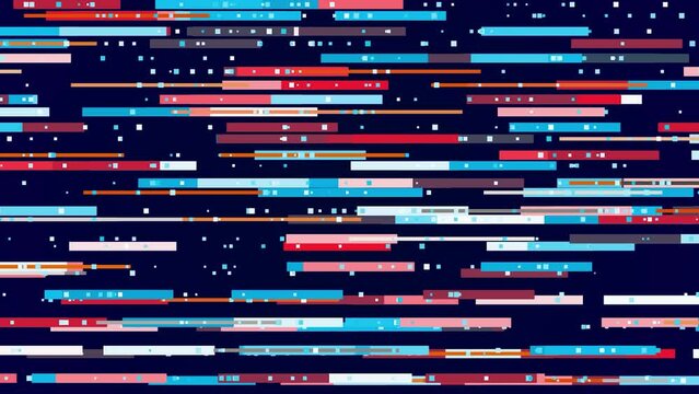 Horizontal, parallel graphic lines moving from side to side on a dark blue background. Motion. Randomly sliding segments.
