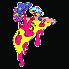 A psychedelic pizza sticker with psychedelic mushrooms growing out of it. Pink liquid drips from the pizza. Surrealism.