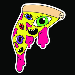 Psychedelic pizza sticker with eyes and mouths. Pink liquid drips from the pizza. Surrealism.