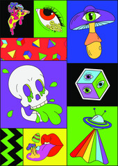A psychedelic poster with a pizza with mushrooms growing out of it, an eye with an emoji inside, a crazy mushroom with an eye in a hat, a skull spitting acid, a ufo. Crazy concept. Surrealism
