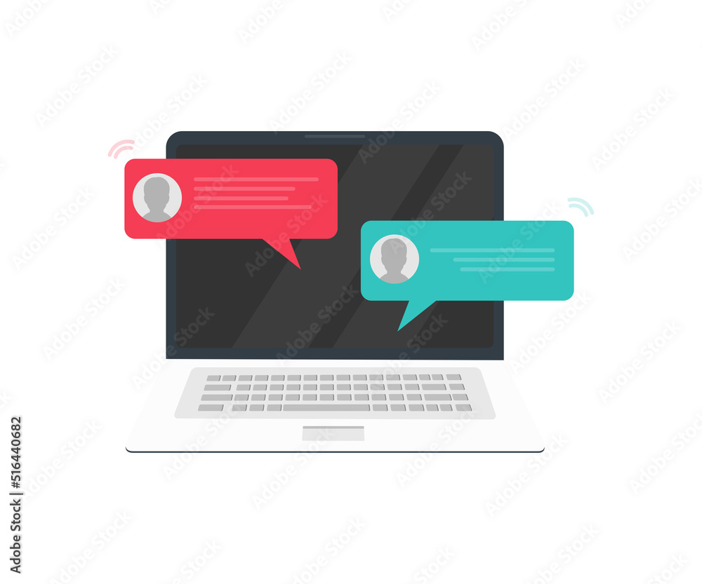 Poster chat messages on computer online logo design. workspace or working, chatting bubble notifications, c
