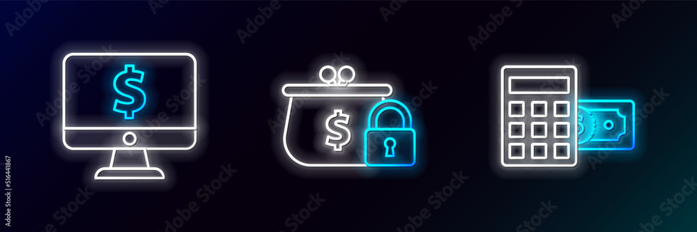 Poster set line calculator with dollar symbol, computer monitor and closed wallet lock icon. glowing neon. 