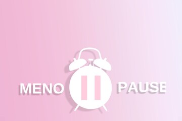 Menopause concept, pause sign on a white alarm clock on pink background. Minimal concept hormone replacement therapy.