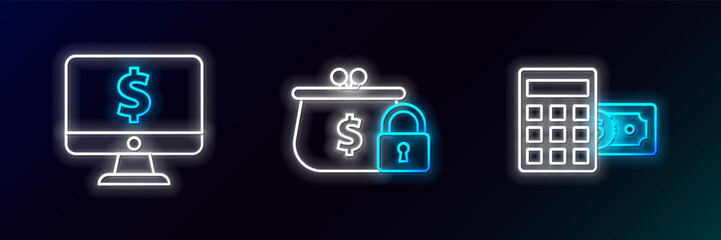 Set line Calculator with dollar symbol, Computer monitor and Closed wallet lock icon. Glowing neon. Vector